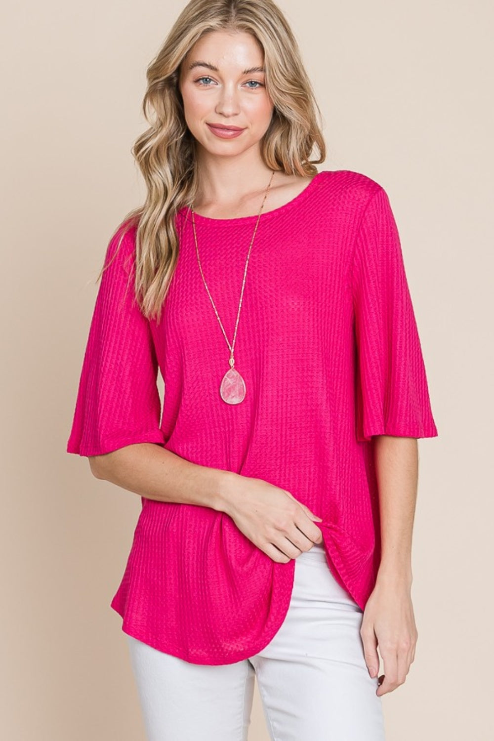 Blue Zone Planet | BOMBOM Round Neck Waffle Knit T-Shirt-TOPS / DRESSES-[Adult]-[Female]-Fuchsia-S-2022 Online Blue Zone Planet