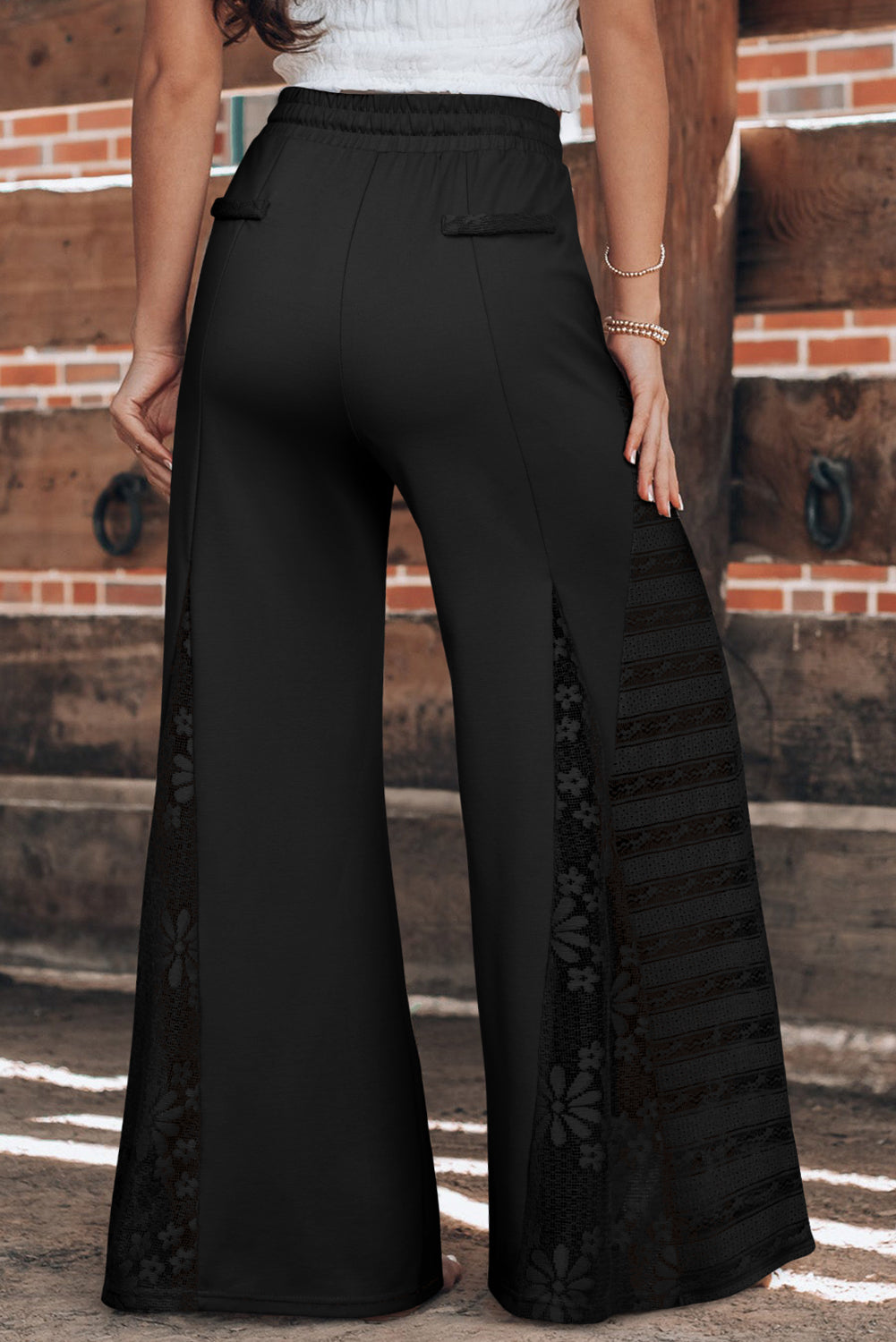 Smoke Gray Lace Patchwork Wide Leg High Waist Pants-Pants-[Adult]-[Female]-2022 Online Blue Zone Planet