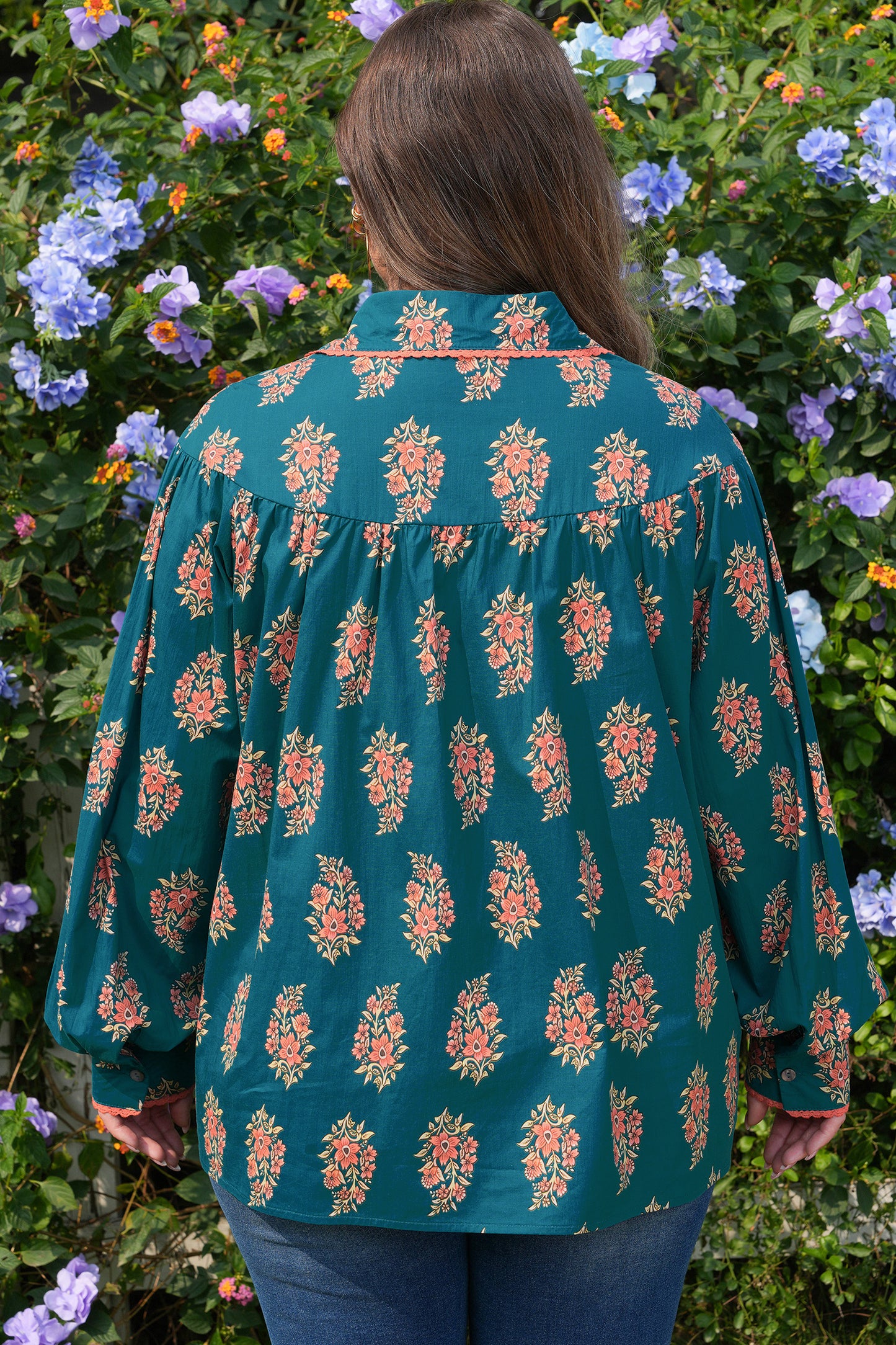 Green Plus Size Floral Print Contrast Lacy Trim Pleated Loose Shirt-Plus Size/Plus Size Tops/Plus Size Blouses & Shirts-[Adult]-[Female]-2022 Online Blue Zone Planet