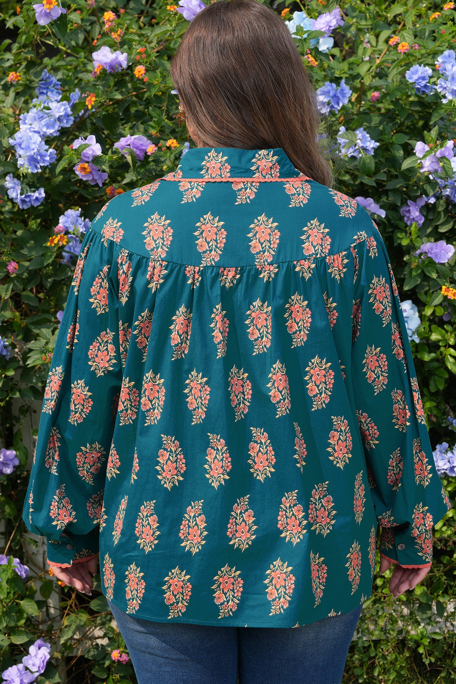 Green Plus Size Floral Print Contrast Lacy Trim Pleated Loose Shirt-Plus Size/Plus Size Tops/Plus Size Blouses & Shirts-[Adult]-[Female]-2022 Online Blue Zone Planet