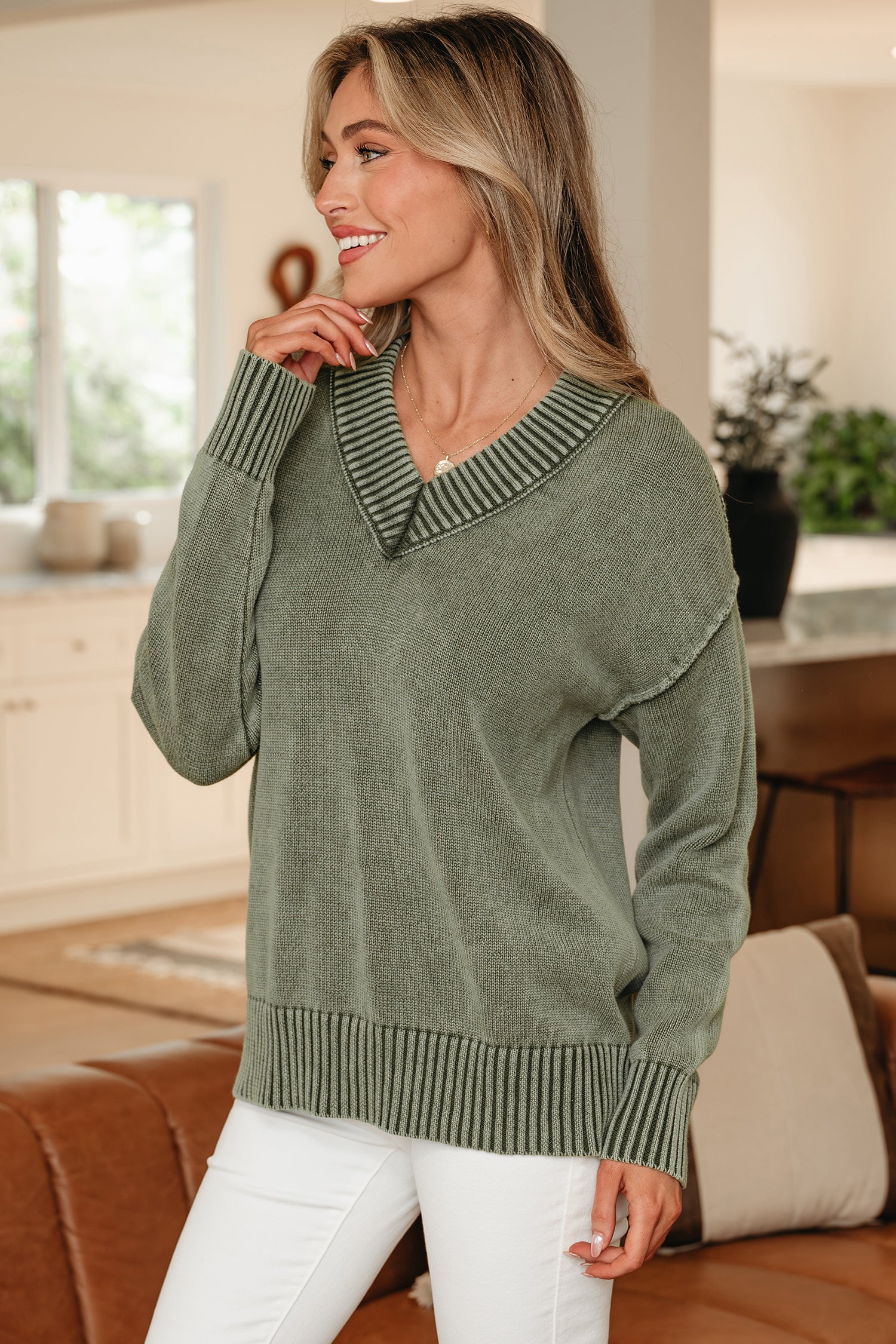 Four Leaf Clover Mineral Wash V Neck Knit Exposed Seam Drop Shoulder Loose Sweater-TOPS / DRESSES-[Adult]-[Female]-2022 Online Blue Zone Planet