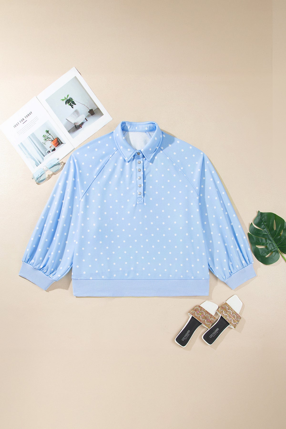 Sky Blue Polka Dot V Neck Metal Button Long Sleeve Shift Plus Size Sweatshirt-Plus Size/Plus Size Sweatshirts & Hoodies-[Adult]-[Female]-2022 Online Blue Zone Planet