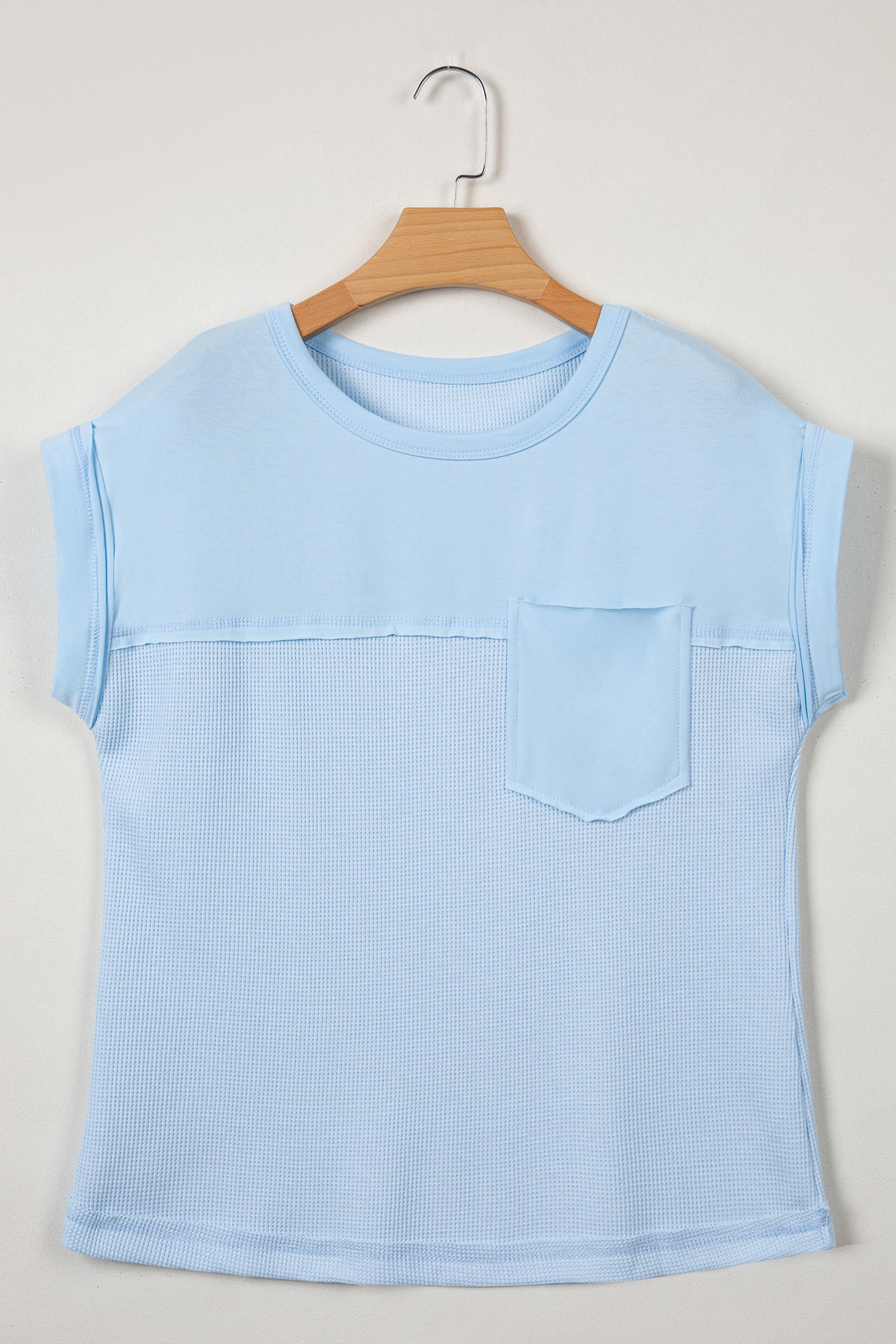 Pink Solid Color Raw Seam Waffled Patchwork Casual T Shirt-Tops/Tops & Tees-[Adult]-[Female]-2022 Online Blue Zone Planet