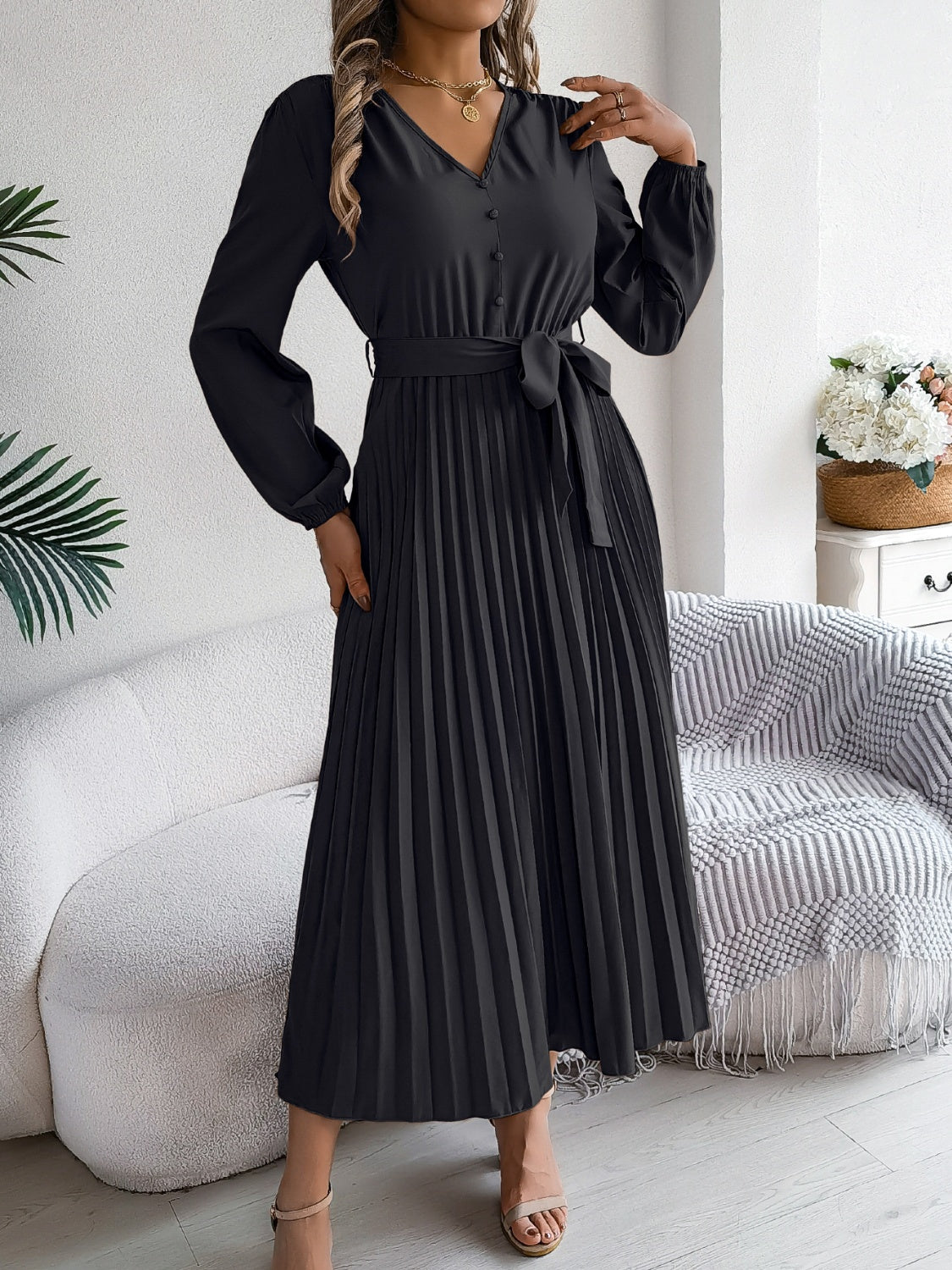 Pleated Tied V-Neck Long Sleeve Dress-TOPS / DRESSES-[Adult]-[Female]-2022 Online Blue Zone Planet