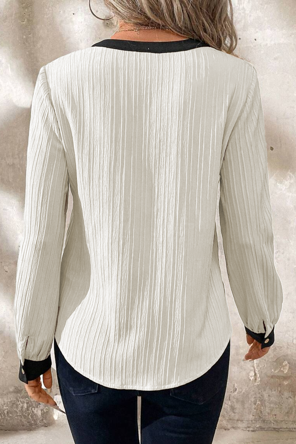 Blue Zone Planet | White Textured Colorblock V Neck Elegant Blouse-Tops/Blouses & Shirts-[Adult]-[Female]-2022 Online Blue Zone Planet