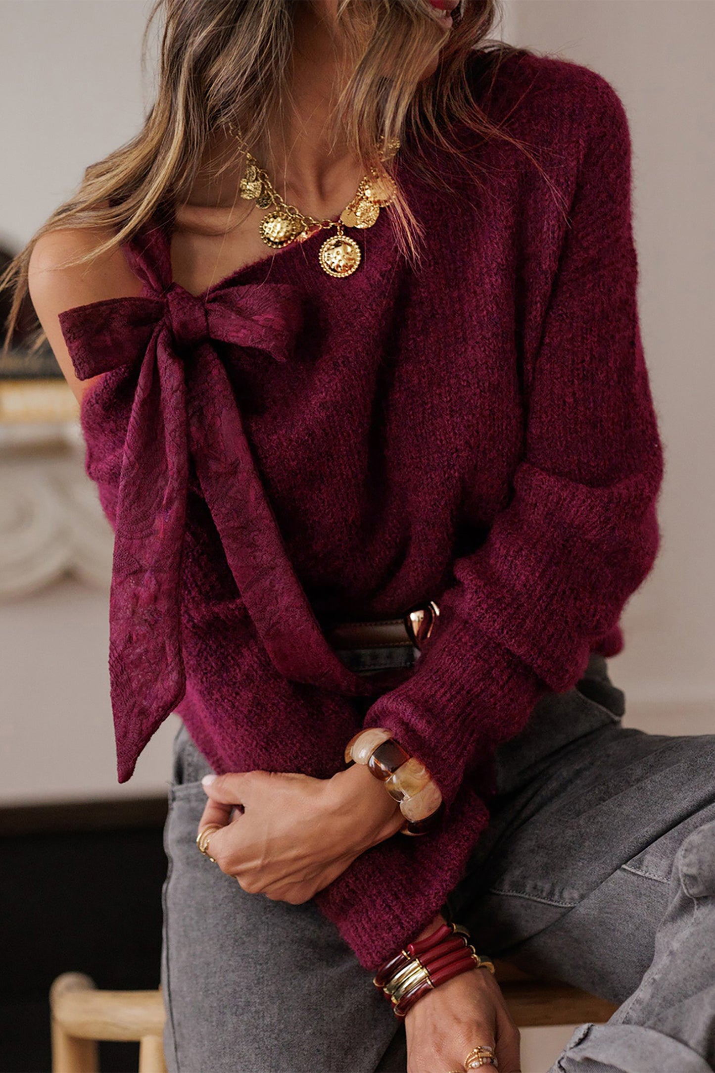 Burgundy Lace Bowknot Asymmetric Neck Sweater-TOPS / DRESSES-[Adult]-[Female]-2022 Online Blue Zone Planet