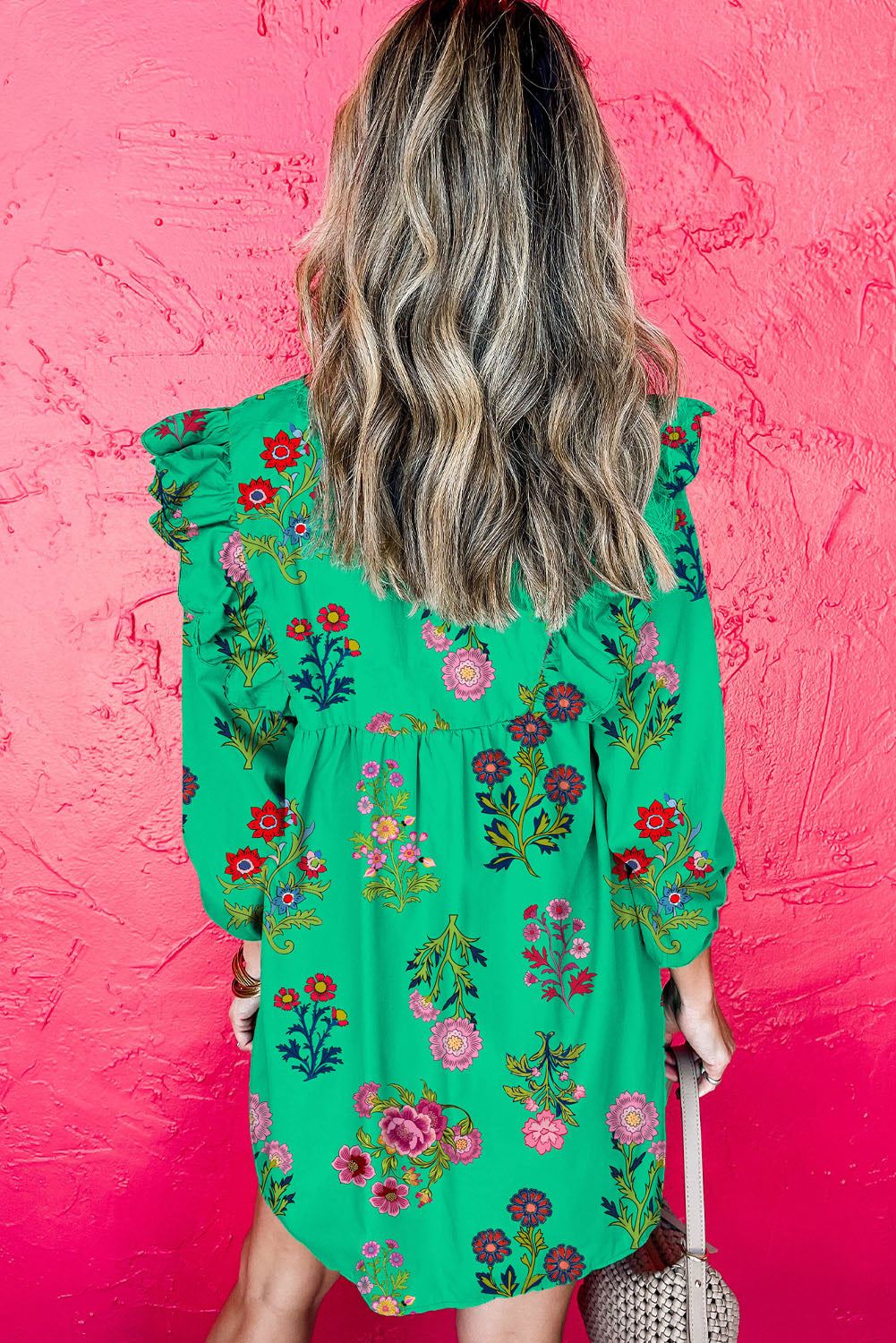 Green Floral Ruffled Three Quarter Sleeve Buttoned Mini Dress-TOPS / DRESSES-[Adult]-[Female]-2022 Online Blue Zone Planet