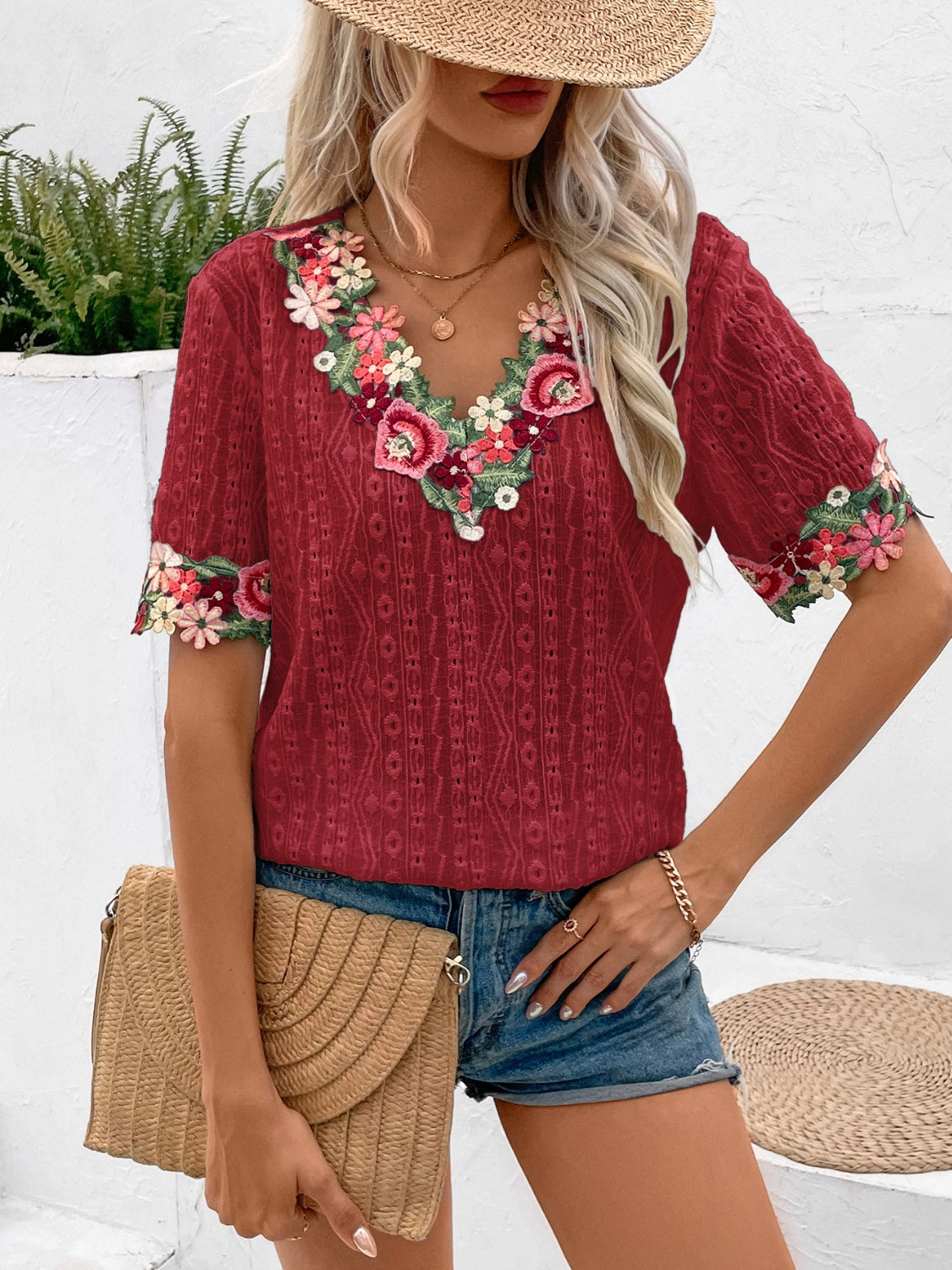 Blue Zone Planet | Ivy Lane Eyelet Embroidered V-Neck Short Sleeve Blouse-TOPS / DRESSES-[Adult]-[Female]-2022 Online Blue Zone Planet