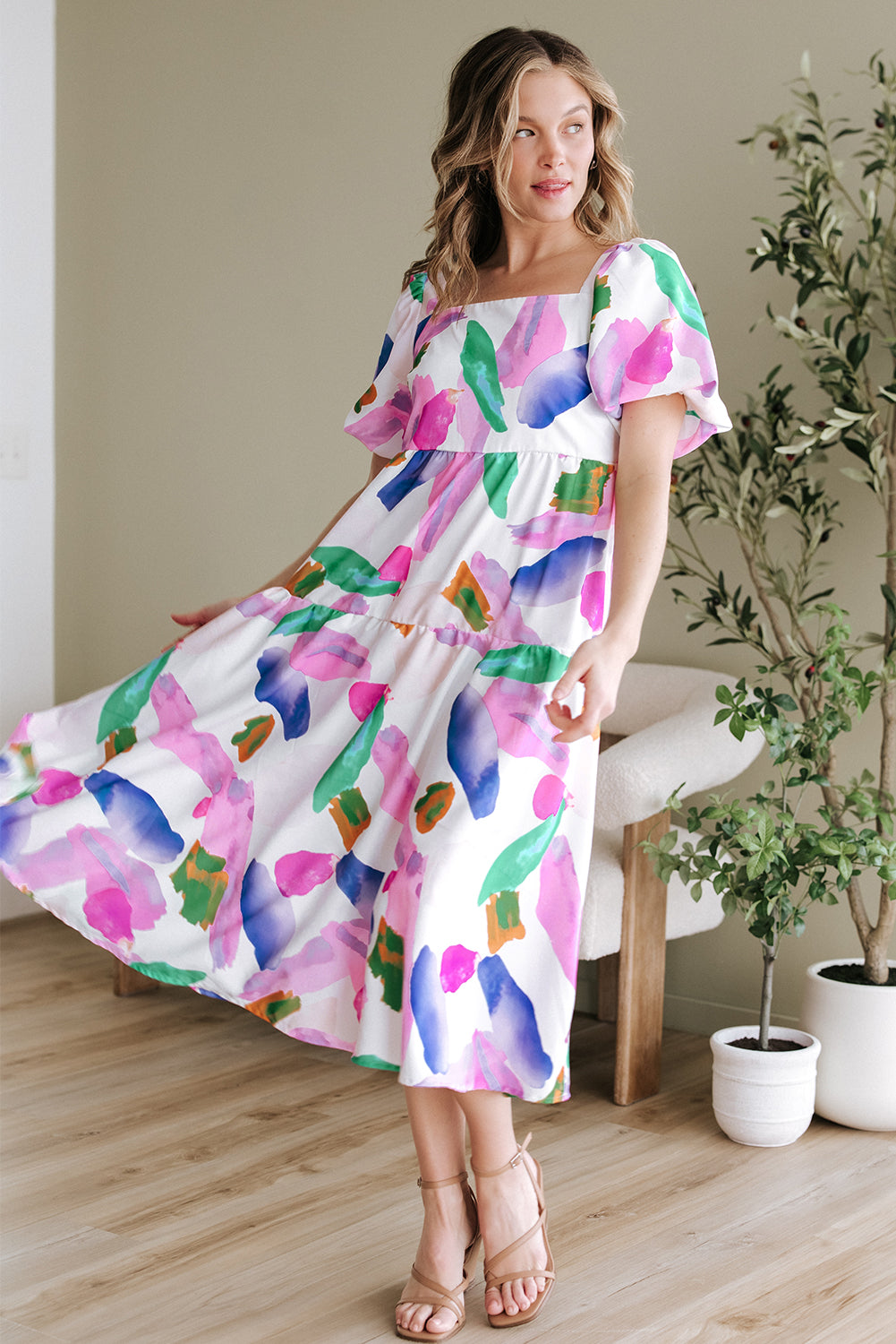 Purple Abstract Print Puff Sleeve Smocked Back Midi Dress-Dresses/Midi Dresses-[Adult]-[Female]-2022 Online Blue Zone Planet