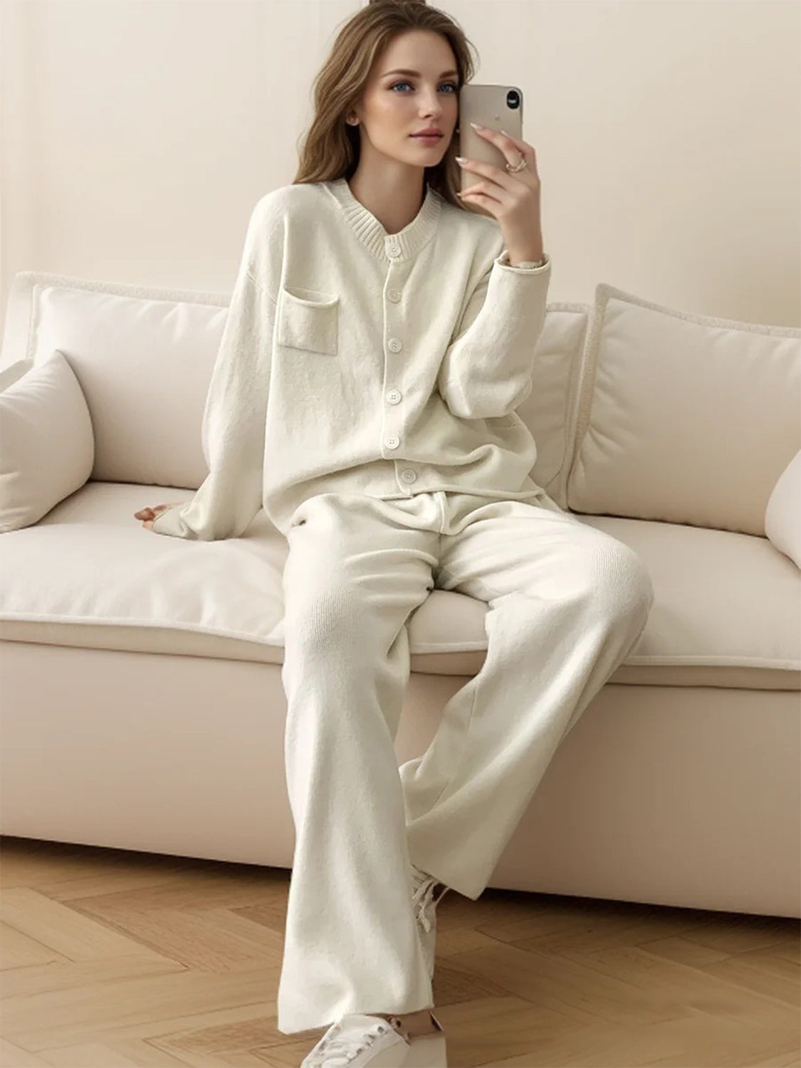 Pocketed Round Neck Button Up Cardigan and Pants Sweater Set-TOPS / DRESSES-[Adult]-[Female]-White-One Size-2022 Online Blue Zone Planet