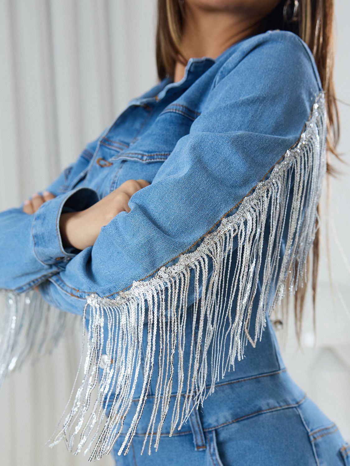 Fringe Half Button Long Sleeve Denim Jumpsuit-TOPS / DRESSES-[Adult]-[Female]-2022 Online Blue Zone Planet