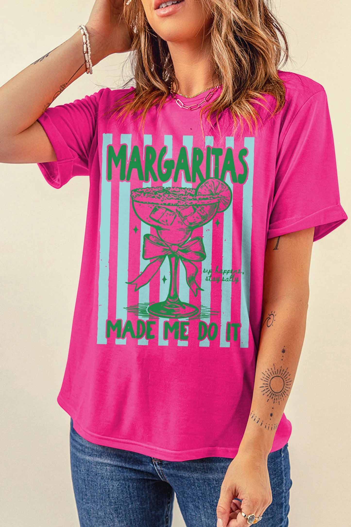 Rose Red Margaritas Made Me Do It Striped Graphic Beach Vacation Tee-Graphic/Graphic Tees-[Adult]-[Female]-2022 Online Blue Zone Planet