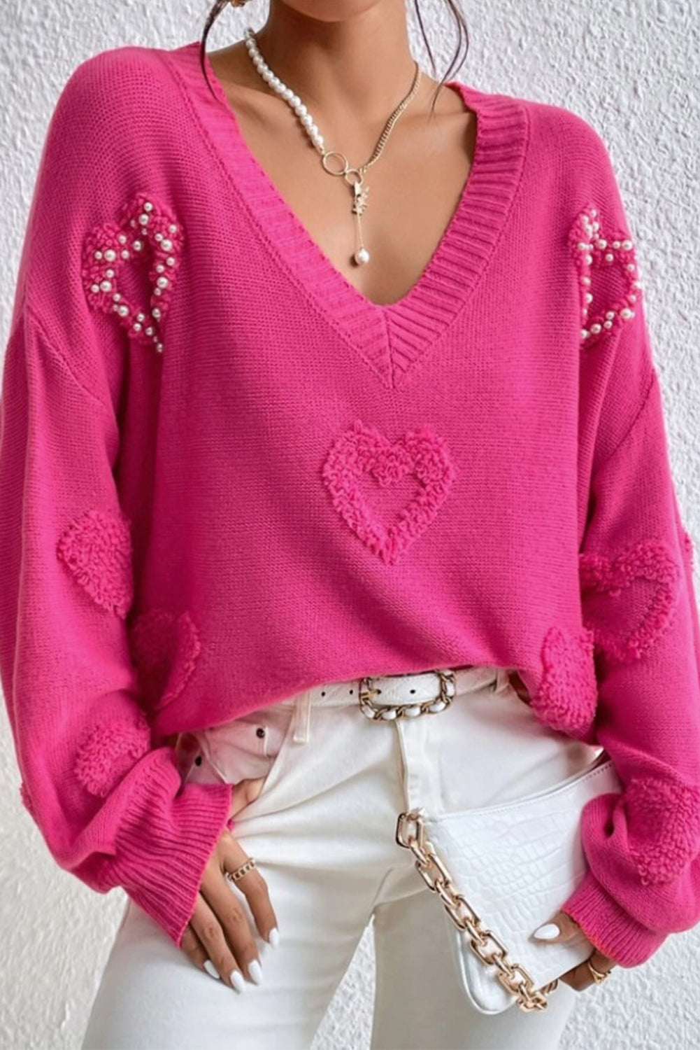 Pearl Trim Heart V-Neck Sweater-TOPS / DRESSES-[Adult]-[Female]-Hot Pink-S-2022 Online Blue Zone Planet