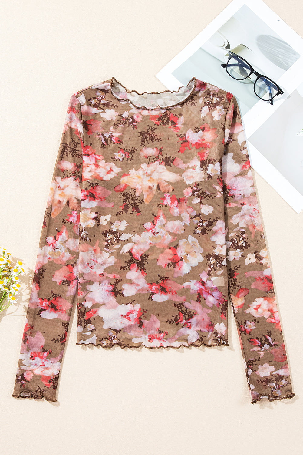 Red Floral Print Sheer Mesh Long Sleeve Top-Long Sleeve Tops-[Adult]-[Female]-2022 Online Blue Zone Planet