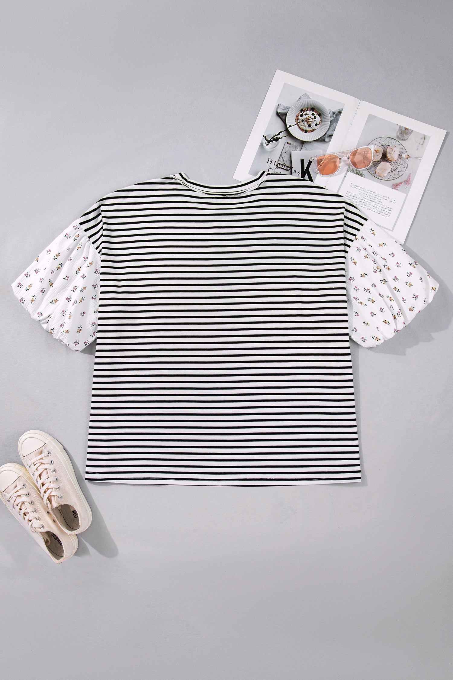 Black Stripe Plus Size Striped Short Sleeve Top with Floral Puff Sleeves-Plus Size/Plus Size Tops/Plus Size Blouses & Shirts-[Adult]-[Female]-2022 Online Blue Zone Planet