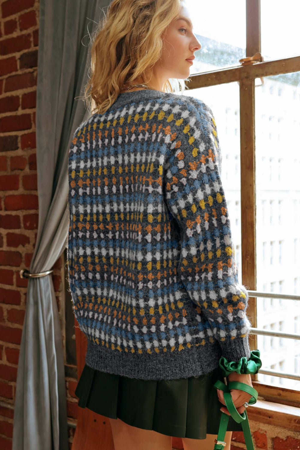 Multicolour Dotty Pattern Knit Button Front V Neck Sweater Cardigan-TOPS / DRESSES-[Adult]-[Female]-2022 Online Blue Zone Planet
