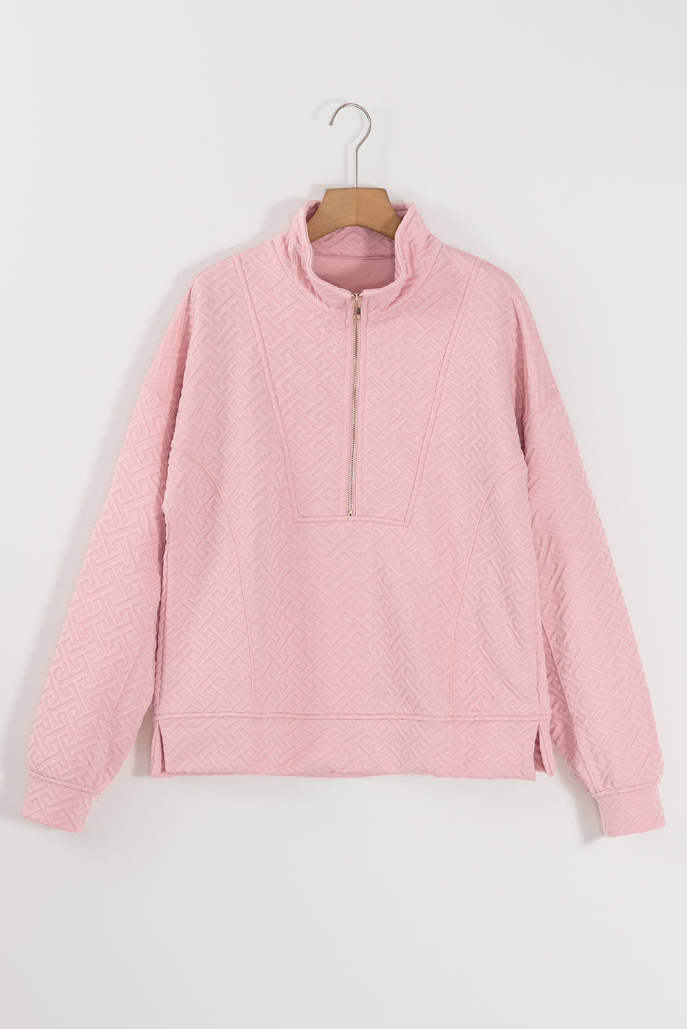 Light Pink Solid Textured Half Zipper Collared Sweatshirt-Sweatshirts & Hoodies-[Adult]-[Female]-2022 Online Blue Zone Planet