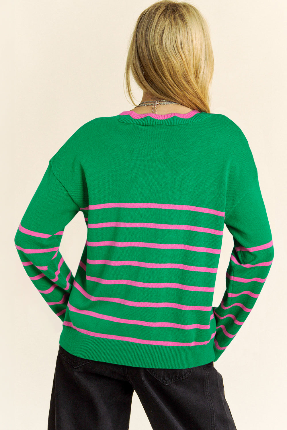 Blue Zone Planet | Green Stripe Ribbon Cute Bow Detail Sweater Knit Cardigan-Sweaters & Cardigans/Cardigans-[Adult]-[Female]-2022 Online Blue Zone Planet