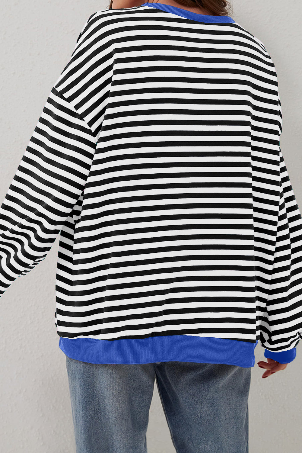 Sky Blue Stripe Oversized Contrast Trim Pullover Sweatshirt-Tops/Sweatshirts & Hoodies-[Adult]-[Female]-2022 Online Blue Zone Planet