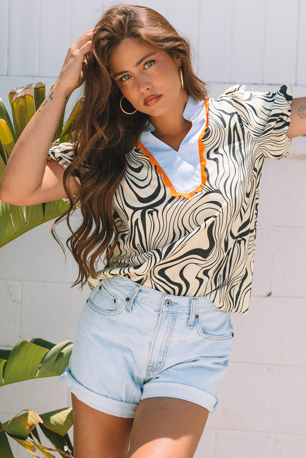 White Zebra Stripe Print Contrast V-Neck Ricrac Detail Short Sleeve Blouse Top-Tops/Blouses & Shirts-[Adult]-[Female]-2022 Online Blue Zone Planet
