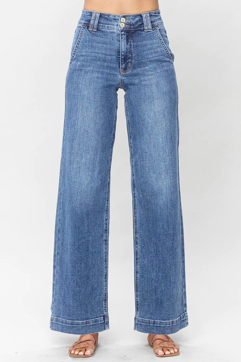 Sky Blue Double Button Zip Fly Straight Leg Jeans-Bottoms/Jeans-[Adult]-[Female]-Sky Blue-2-2022 Online Blue Zone Planet