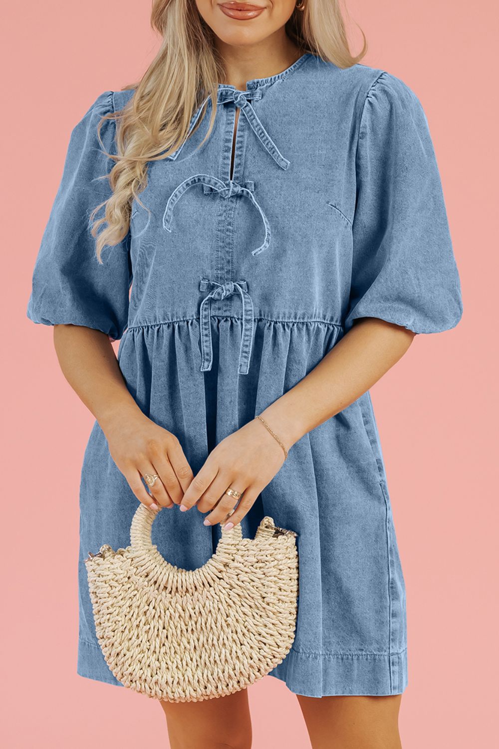 denim dress half sleeve Wholesale MOQ6 Plunge Button Up Half Sleeve Denim Dress