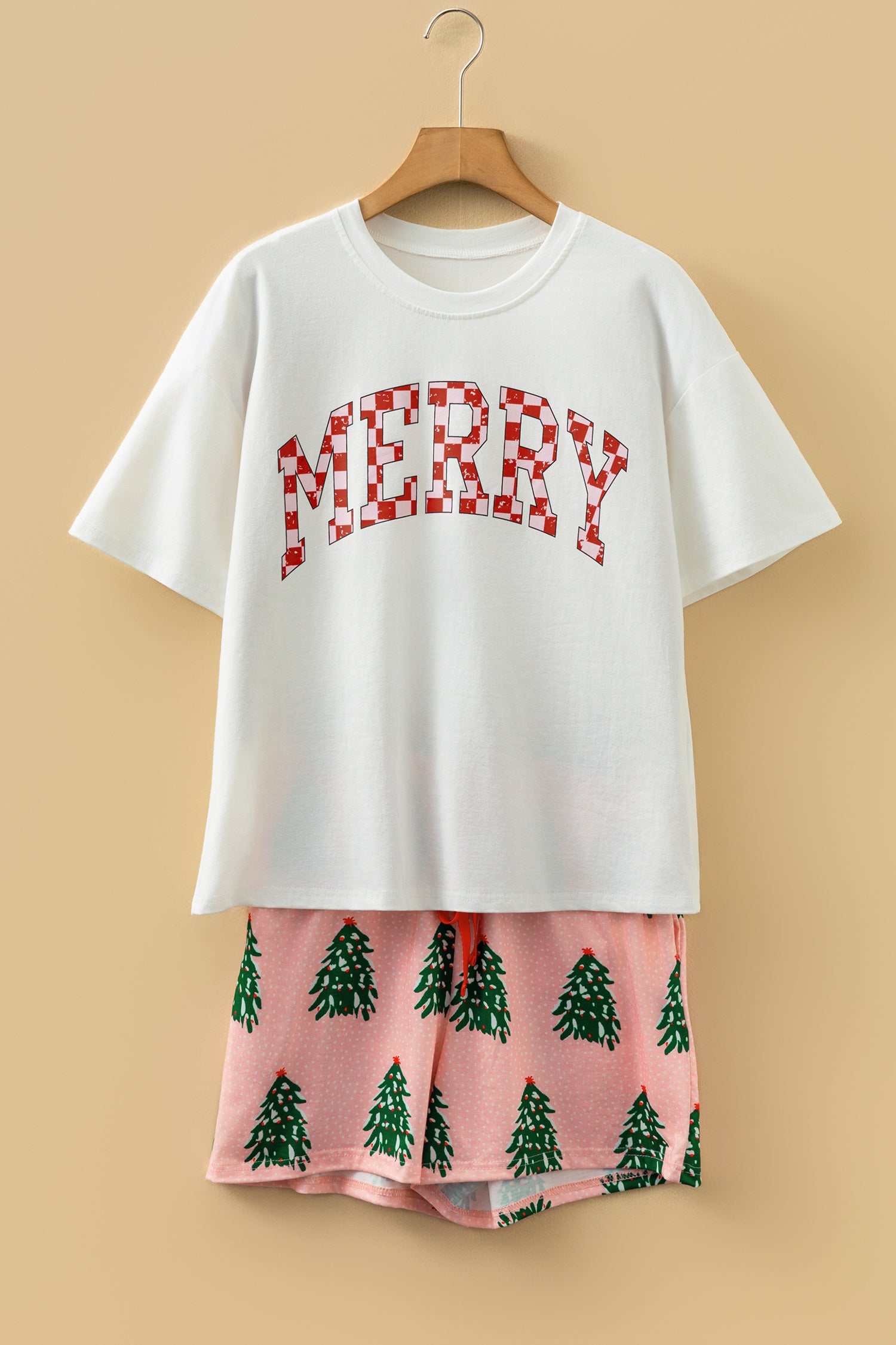 Pink Checkered MERRY Graphic Christmas Tree Print Short Lounge Set-Loungewear & Sleepwear/Loungewear-[Adult]-[Female]-2022 Online Blue Zone Planet