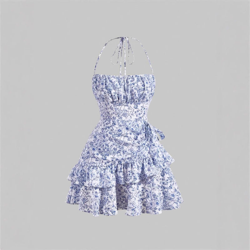 Lissa's Floral Print Halter Neck Ruffle Mini Dress-TOPS / DRESSES-[Adult]-[Female]-2022 Online Blue Zone Planet