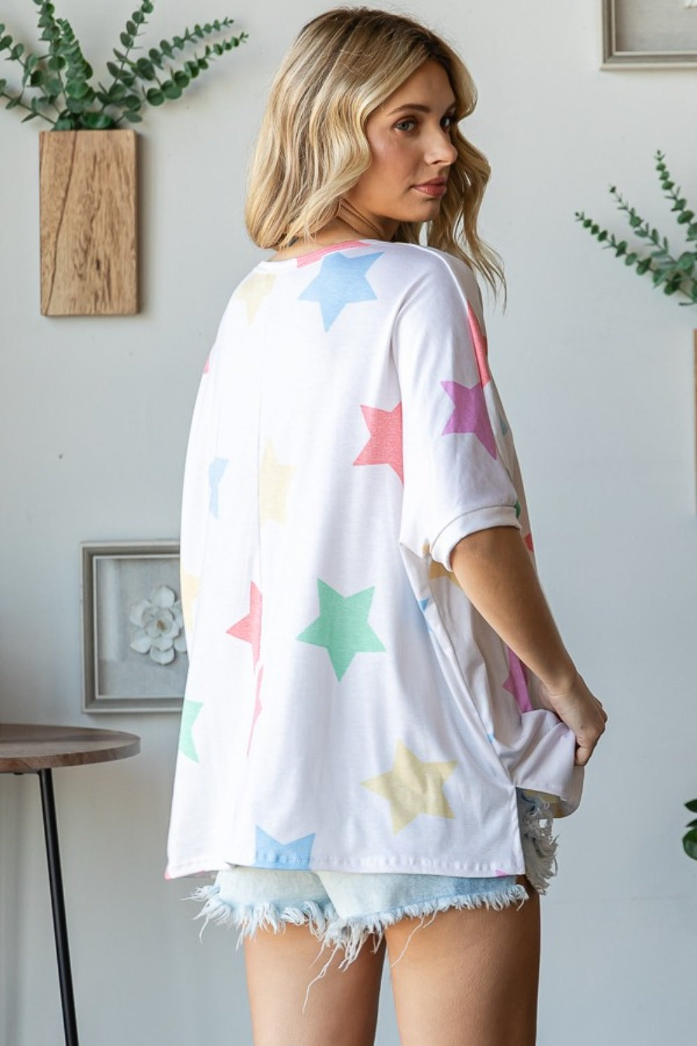 HOPELY Full Size Multi Colored Star Print T-Shirt-TOPS / DRESSES-[Adult]-[Female]-2022 Online Blue Zone Planet