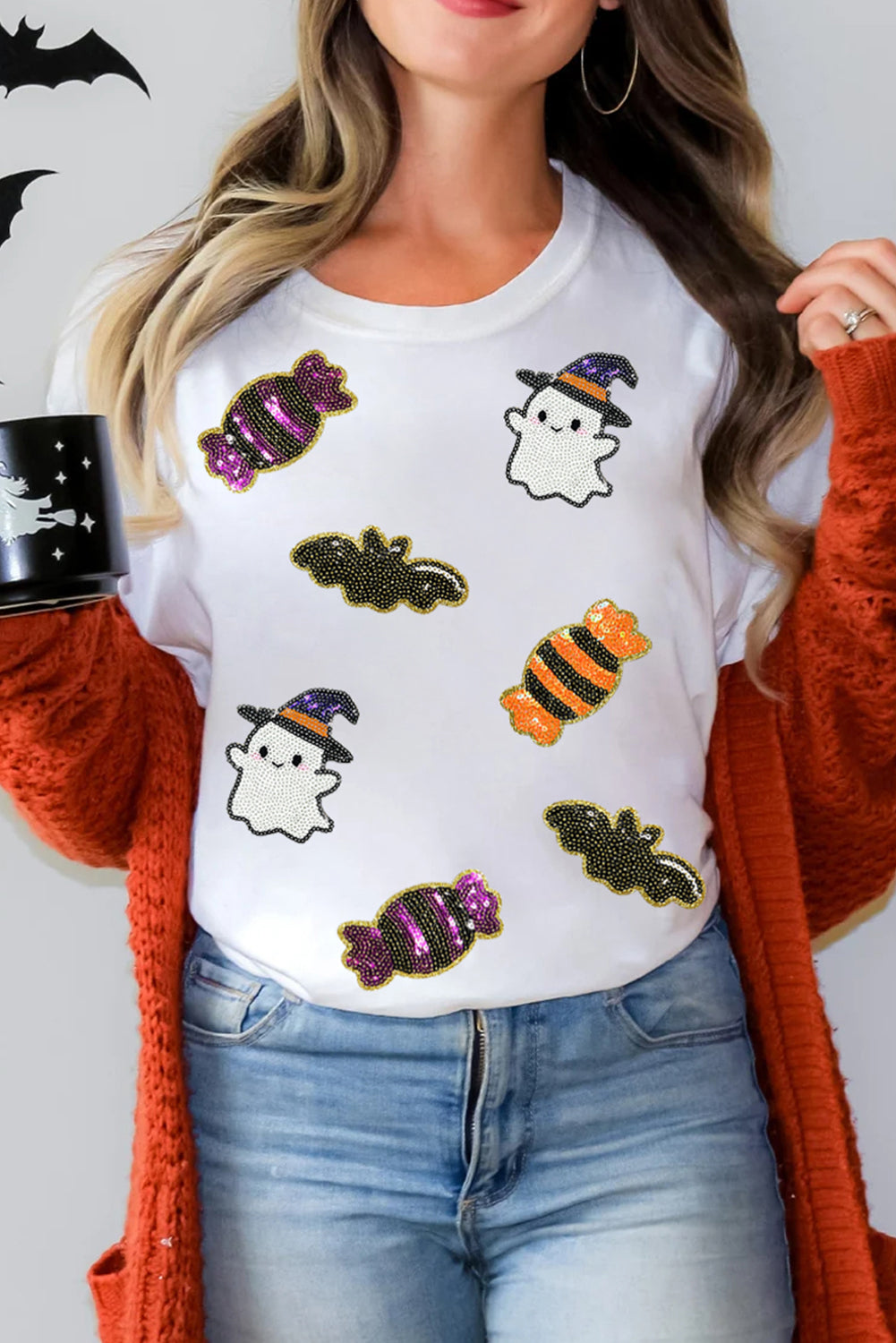 White Sequined Halloween Spirit Pattern Patched Custom Casual Tee-Graphic/Graphic Tees-[Adult]-[Female]-2022 Online Blue Zone Planet