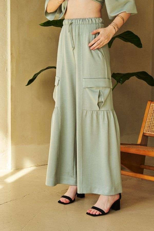 Davi & Dani Drawstring Ruched Detail Wide Leg Pants-BOTTOMS-[Adult]-[Female]-Sage-S-2022 Online Blue Zone Planet