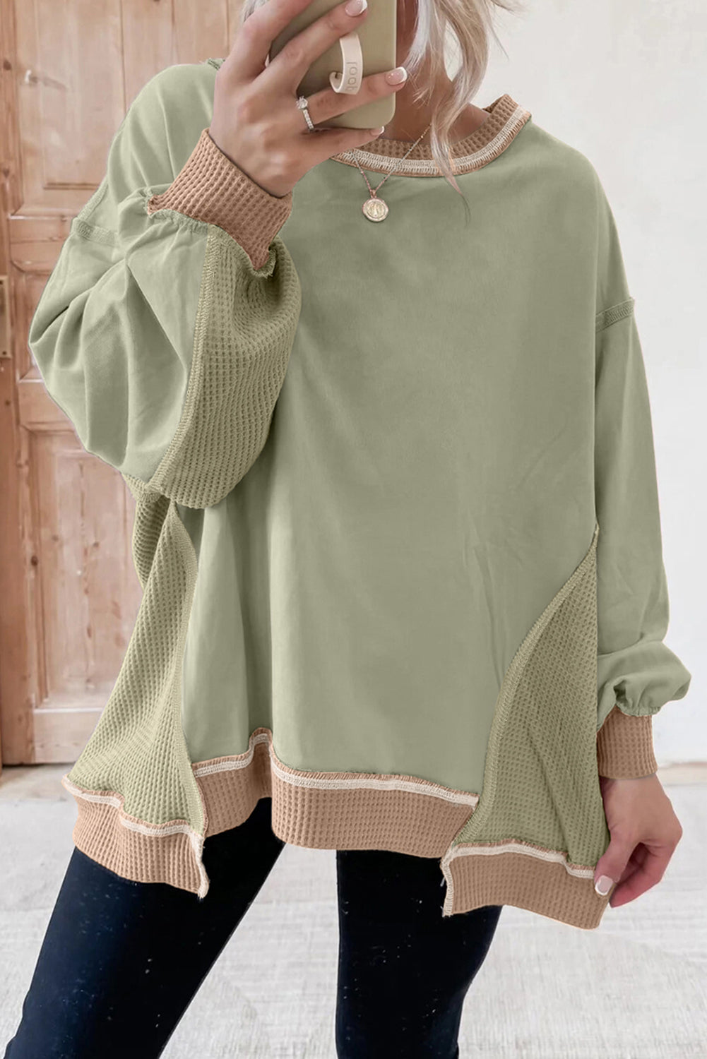 Smoke Green Color Block Mix Texture Waffle Patchwork Oversize Sweatshirt-Tops/Sweatshirts & Hoodies-[Adult]-[Female]-Smoke Green-S-2022 Online Blue Zone Planet