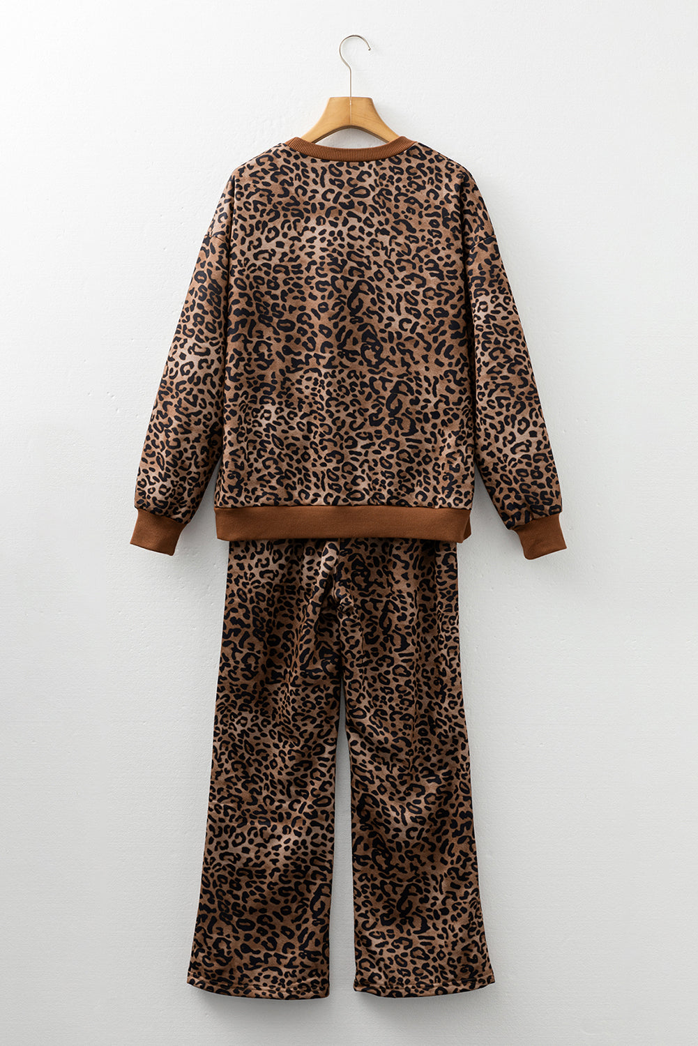 Coffee Leopard Print Contrast Trim Long Sleeve Top And Pants Set-Two Piece Sets/Pant Sets-[Adult]-[Female]-2022 Online Blue Zone Planet