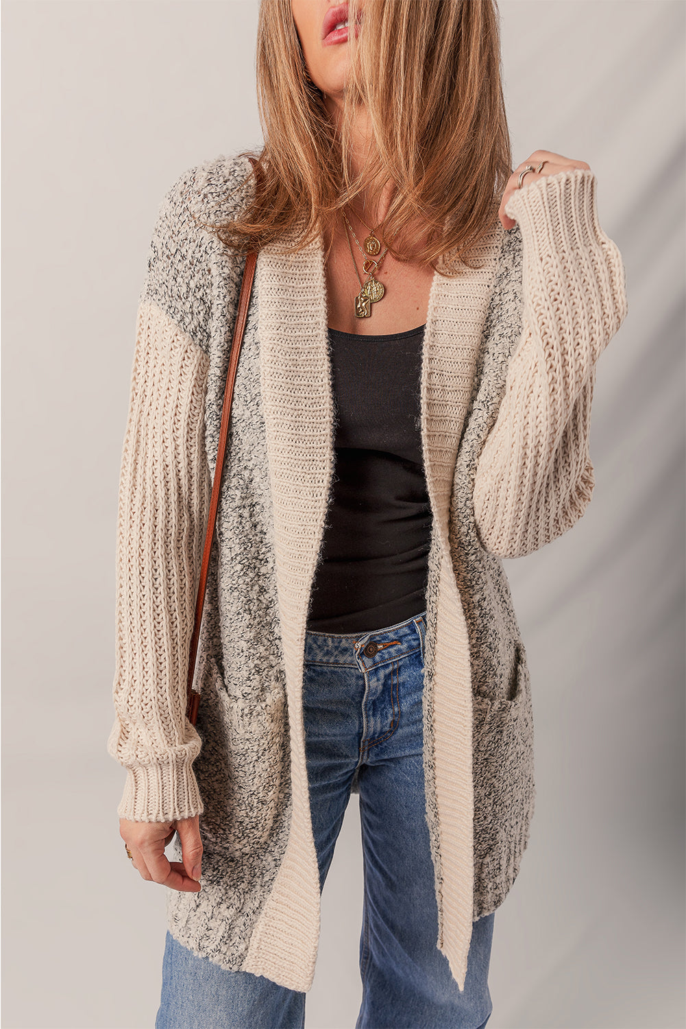 High Color Block Side Pockets Open Front Cardigan-Sweaters & Cardigans/Cardigans-[Adult]-[Female]-2022 Online Blue Zone Planet