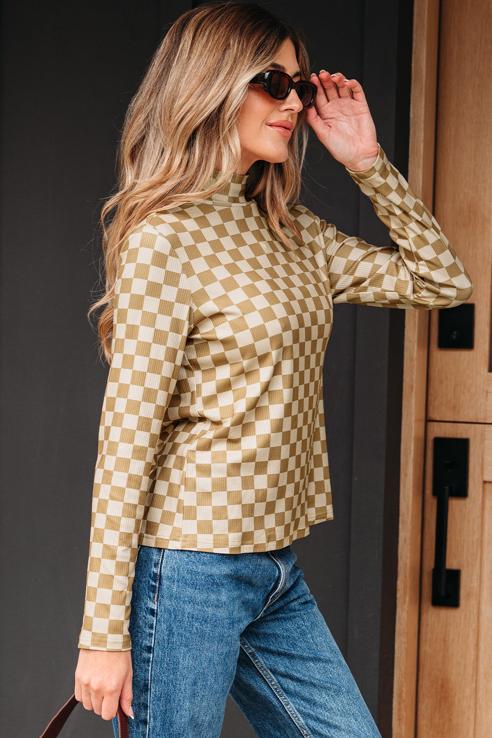 Khaki Check Pattern Turtleneck Ribbed Slim Long Sleeve Tee-Tops/Long Sleeve Tops-[Adult]-[Female]-2022 Online Blue Zone Planet