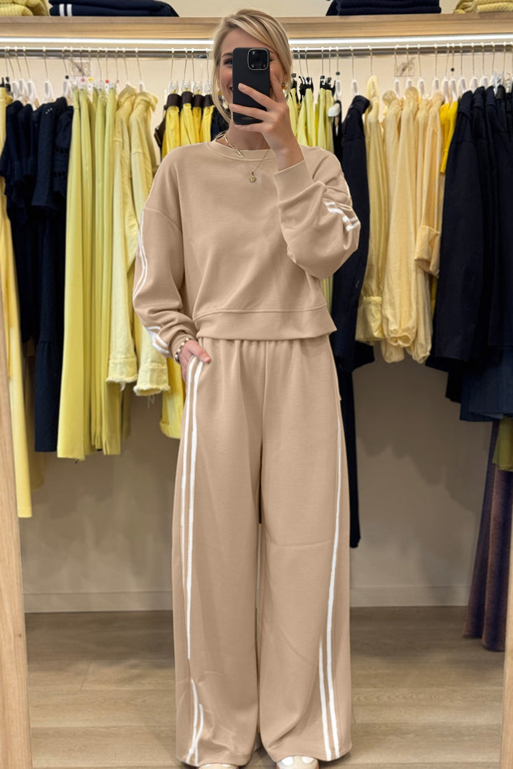 Oatmeal Varsity Striped Detail Crewneck Pullover Elastic Sweatpants 2pcs Outfit-Two Piece Sets/Pant Sets-[Adult]-[Female]-2022 Online Blue Zone Planet