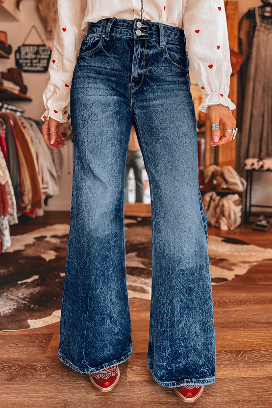 Sail Blue Acid Wash Pocket Detail Flare Jeans-Bottoms/Jeans-[Adult]-[Female]-2022 Online Blue Zone Planet