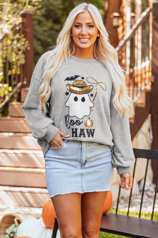 Medium Grey Sequin Western Ghost Print Long Sleeve Round Neck Sweatshirt-Tops/Sweatshirts & Hoodies-[Adult]-[Female]-Medium Grey-S-2022 Online Blue Zone Planet