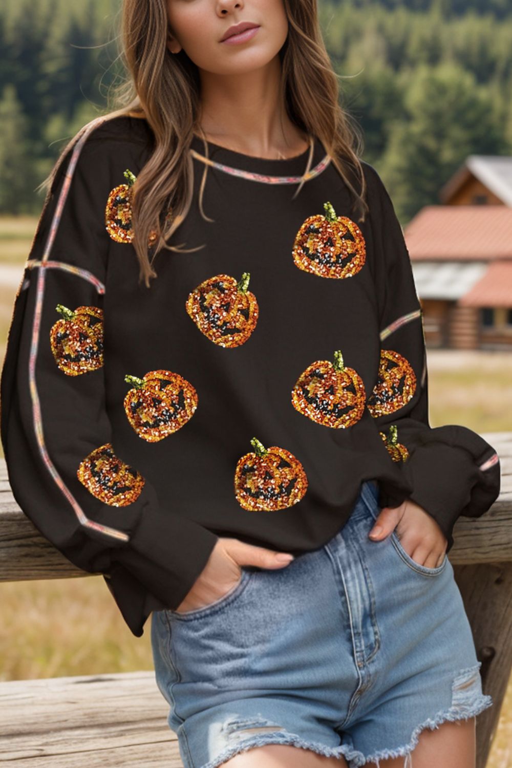 Sequin Pumpkin Round Neck Long Sleeve Sweatshirt-TOPS / DRESSES-[Adult]-[Female]-Black-S-2022 Online Blue Zone Planet