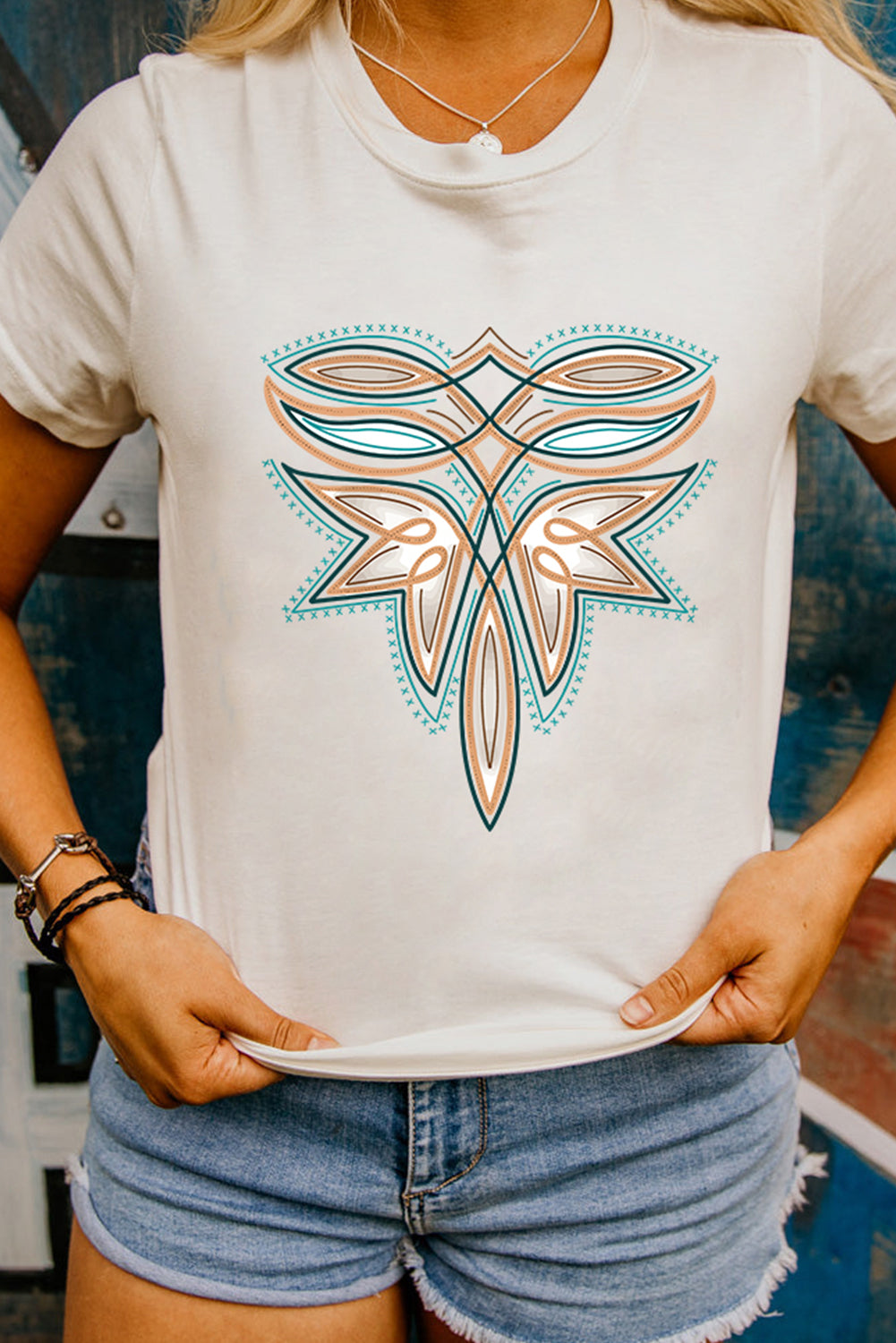 White Western Stitch Pattern Printed Cotton Blend Tee-Graphic/Graphic Tees-[Adult]-[Female]-2022 Online Blue Zone Planet