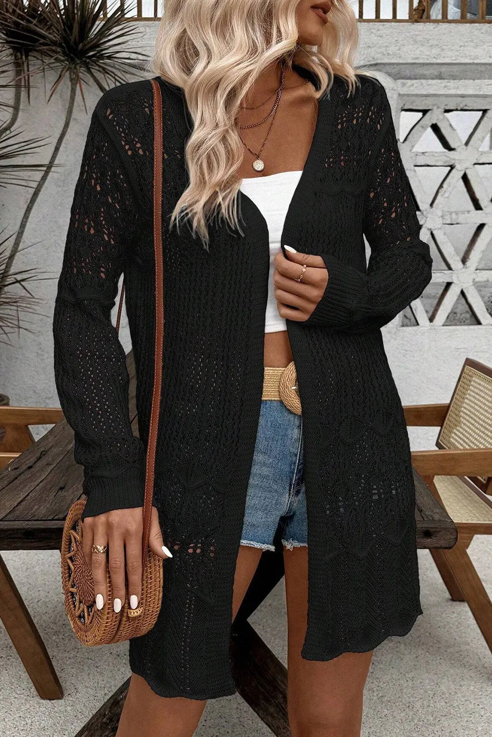 Openwork Open Front Long Sleeve Cardigan-TOPS / DRESSES-[Adult]-[Female]-2022 Online Blue Zone Planet