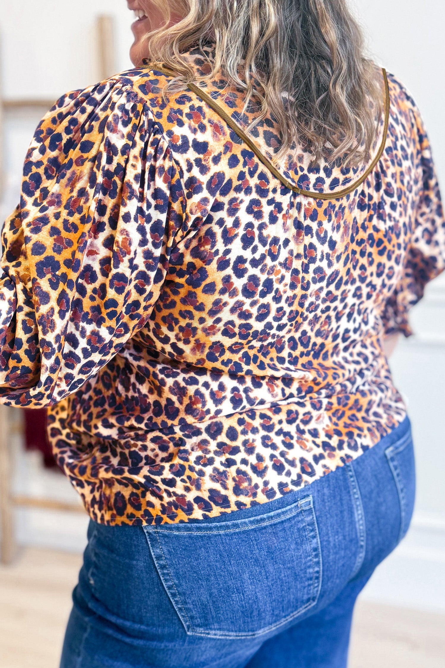 Brown Plus Size Leopard Frilled Stand Neck Blouse-Plus Size/Plus Size Tops/Plus Size Blouses & Shirts-[Adult]-[Female]-2022 Online Blue Zone Planet