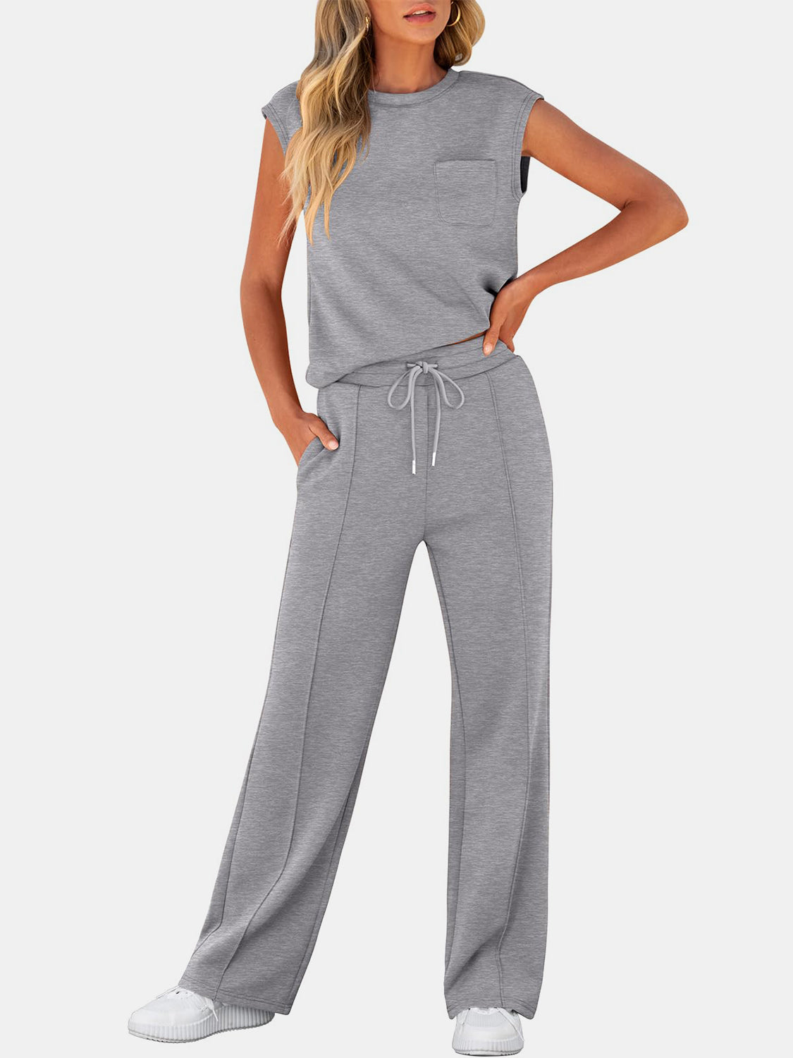 Full Size Round Neck Top and Drawstring Pants Set-TOPS / DRESSES-[Adult]-[Female]-Gray-S-2022 Online Blue Zone Planet