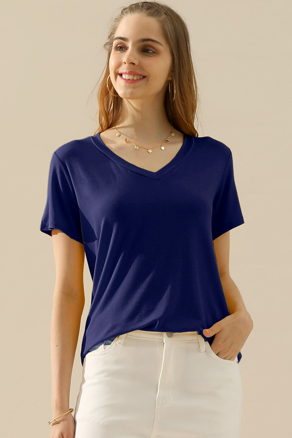 Blue Zone Planet | Ninexis Full Size V-Neck Short Sleeve T-Shirt-TOPS / DRESSES-[Adult]-[Female]-NAVY-S-2022 Online Blue Zone Planet