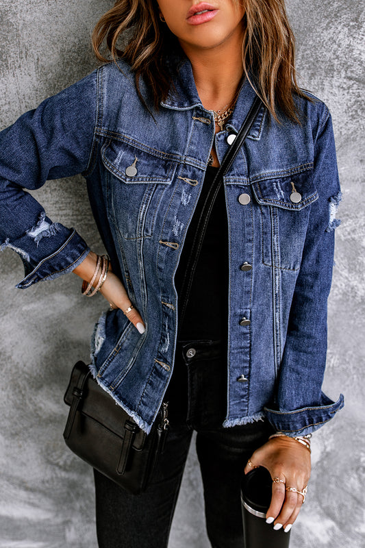 Blue Lapel Distressed Raw Hem Buttons Denim Jacket-Outerwear/Denim jackets-[Adult]-[Female]-Blue-S-2022 Online Blue Zone Planet