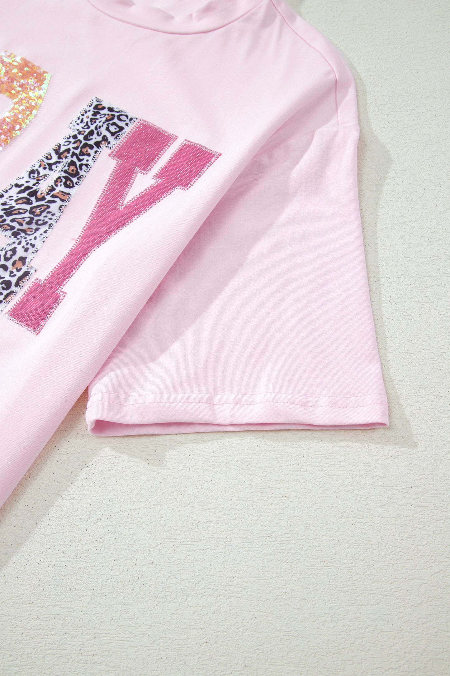 Pink Pray Sequin Leopard Multiple Patched Graphic Tee-Tops/Tops & Tees-[Adult]-[Female]-2022 Online Blue Zone Planet