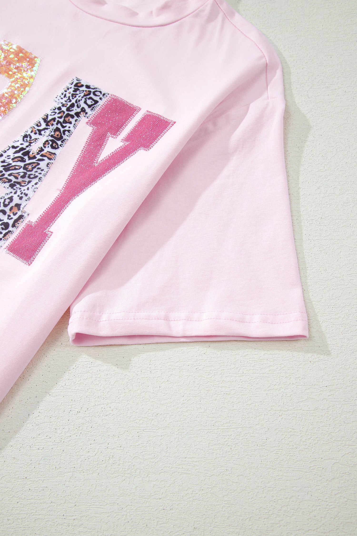 Pink Pray Sequin Leopard Multiple Patched Graphic Tee-Tops/Tops & Tees-[Adult]-[Female]-2022 Online Blue Zone Planet