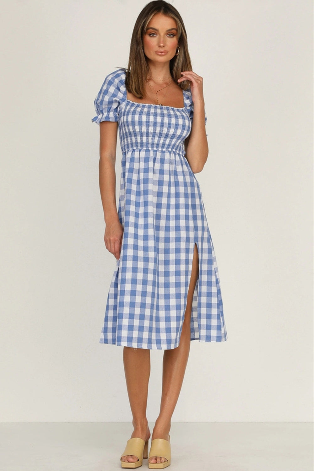 Full Size Slit Plaid Short Sleeve Midi Dress-TOPS / DRESSES-[Adult]-[Female]-2022 Online Blue Zone Planet