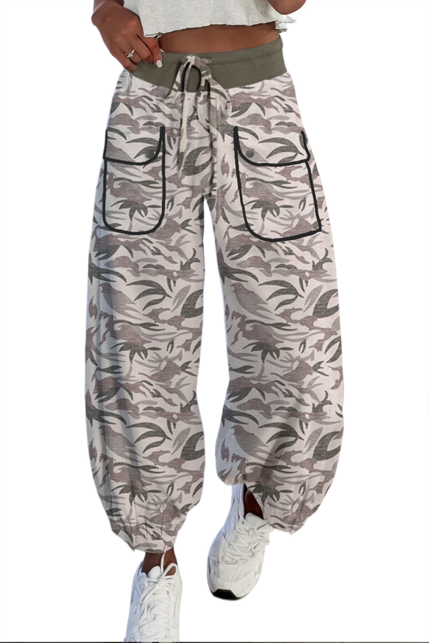 Multicolour Drawstring Contrast Waistband Camouflage Cargo Barrel Pants-Bottoms/Pants & Culotte-[Adult]-[Female]-2022 Online Blue Zone Planet