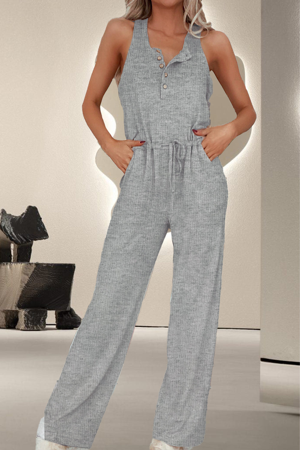 Drawstring Quarter Button Wide Strap Jumpsuit-TOPS / DRESSES-[Adult]-[Female]-Dark Gray-S-2022 Online Blue Zone Planet